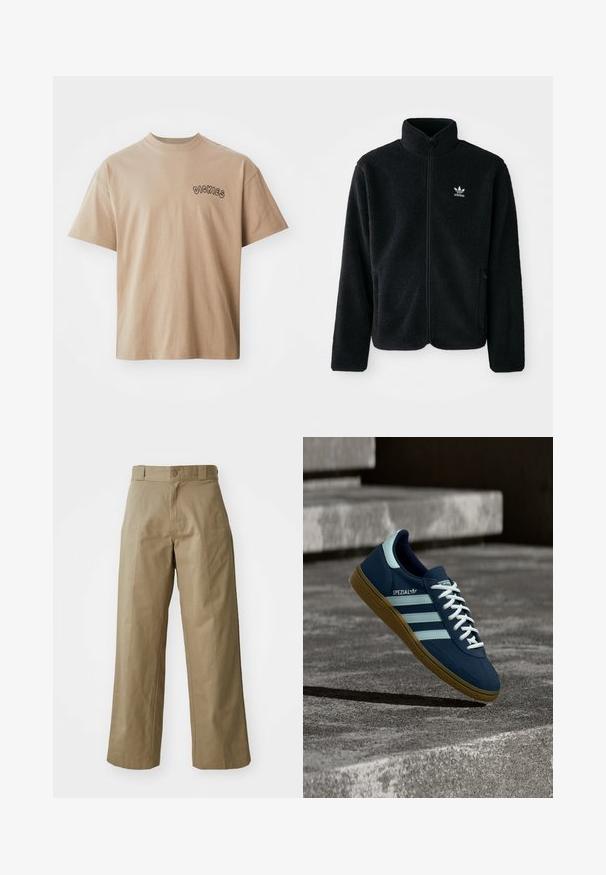 Sort fleecejakke med høj krave, lynlås foran og frontlommer. Har tekstureret stof og lille hvidt logo på venstre bryst.; Beige bomulds-T-shirt med korte ærmer og rund hals. Har "DICKIES" printet i sort på venstre bryst. Klassisk pasform og glat tekstur.; Khaki bredde ben bukser lavet af bomuldsblandingsstof, med en enkelt knaplukning og synlige sidelommer. Glat tekstur, plisseret detalje.; Blå Adidas Spezial sneaker med hvide striber og snørebånd, gummisål, svævende over en ru betongoverflade og trin i baggrunden.