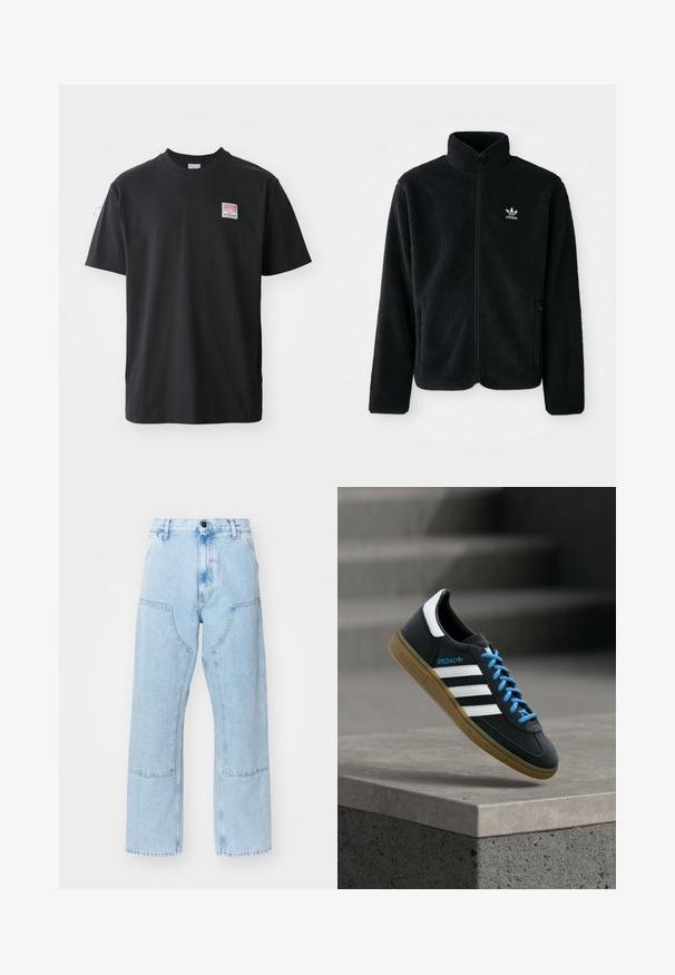 Schwarze Fleecejacke mit hohem Kragen, durchgehendem Reißverschluss und Fronttaschen. Verfügt über strukturiertes Material und ein kleines weißes Logo auf der linken Brust.; Schwarzes Baumwoll-T-Shirt mit Rundhalsausschnitt, kurzen Ärmeln und einem kleinen farbigen Etikett auf der linken Brust, das das Wort "SUPERIOR" zeigt.; Hellblaue, gerade geschnittene Jeans mit großen Fronttaschen und kontrastierenden Nähten. Der Stoff hat eine ausgewaschene, weiche Textur.; Schwarzer Adidas-Sneaker mit weißen Streifen, blauen Schnürsenkeln und Gummisohle, der über einer grauen Betontreppe im weichen Licht schwebt.