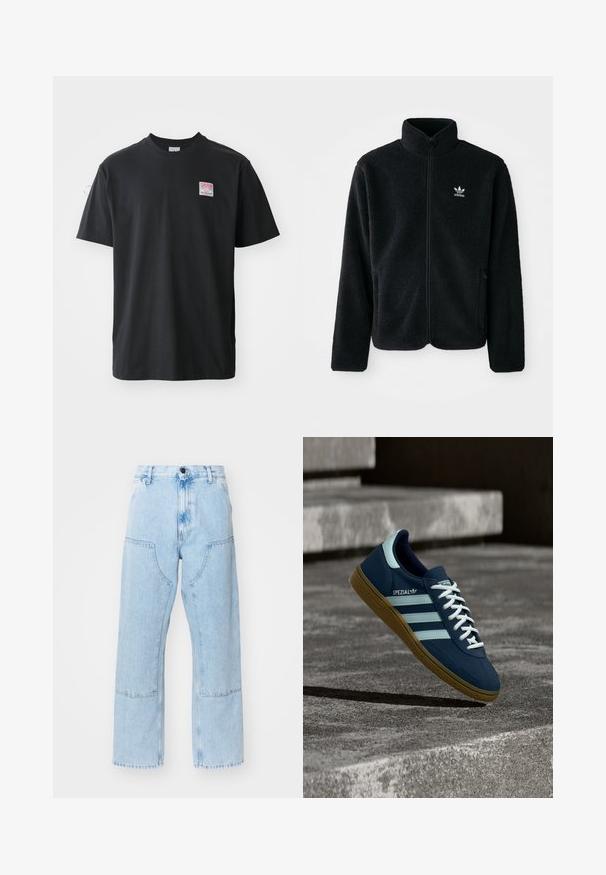 Sort fleecejakke med høj krave, lynlås foran og frontlommer. Har tekstureret stof og lille hvidt logo på venstre bryst.; Sort bomuld t-shirt med rund hals, korte ærmer og et lille farvet mærke på venstre bryst med ordet "SUPERIOR."; Lyseblå, lige ben denim jeans med store forlommer og kontraststing. Stoffet har en lysnet, blød tekstur.; Blå Adidas Spezial sneaker med hvide striber og snørebånd, gummisål, svævende over en ru betongoverflade og trin i baggrunden.