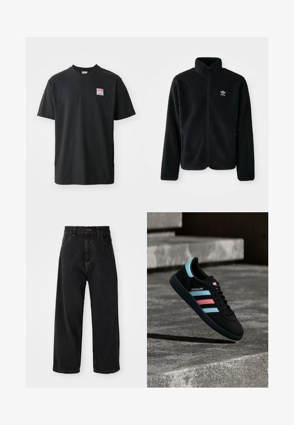 Sort fleecejakke med høj krave, lynlås foran og frontlommer. Har tekstureret stof og lille hvidt logo på venstre bryst.; Sort bomuld t-shirt med rund hals, korte ærmer og et lille farvet mærke på venstre bryst med ordet "SUPERIOR."; Sorte denim jeans med vide ben og høj talje, frontknap, lynlås samt gule syninger på lommer og sømme.; Sort Adidas Spezial sneaker med blå og pink striber, svævende over en tekstureret grå betonoverflade med skygge nedenunder.
