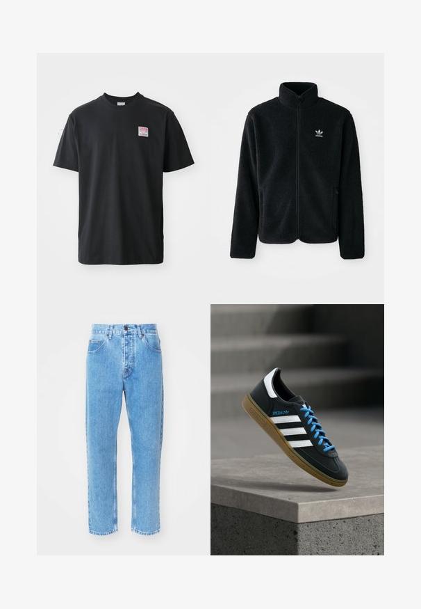 Sort fleecejakke med høj krave, lynlås foran og frontlommer. Har tekstureret stof og lille hvidt logo på venstre bryst.; Sort bomuld t-shirt med rund hals, korte ærmer og et lille farvet mærke på venstre bryst med ordet "SUPERIOR."; Lyseblå denimjeans har en lige ben-design, fem lommer og en klassisk knaplukning i taljen.; Sort Adidas sneaker med hvide striber, blå snørebånd og gummisål, der svæver over gråt betontrin i blødt lys.
