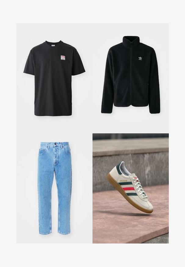 Zwarte fleece jacket met hoge kraag, ritssluiting aan de voorkant en voorzakken. Kenmerkt zich door textuurstof en een klein wit logo op de linkerborst.; Zwarte katoenen t-shirt met ronde hals, korte mouwen en een klein gekleurd label op de linkerkant van de borst met het woord "SUPERIOR."; Lichtblauwe denim jeans hebben een rechte pijpdesign, vijf zakken en een klassiek knoopsluiting bij de taille.; Witte Adidas sneaker met groene en rode strepen, rubberen zool en "SPEZIAL" branding die boven een stenen bestrating zweeft.