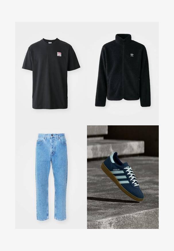 Zwarte fleece jacket met hoge kraag, ritssluiting aan de voorkant en voorzakken. Kenmerkt zich door textuurstof en een klein wit logo op de linkerborst.; Zwarte katoenen t-shirt met ronde hals, korte mouwen en een klein gekleurd label op de linkerkant van de borst met het woord "SUPERIOR."; Lichtblauwe denim jeans hebben een rechte pijpdesign, vijf zakken en een klassiek knoopsluiting bij de taille.; Blauwe Adidas Spezial sneaker met witte strepen en veters, gumzool, zwevend boven een ruwe betonnen oppervlakte en trappen op de achtergrond.