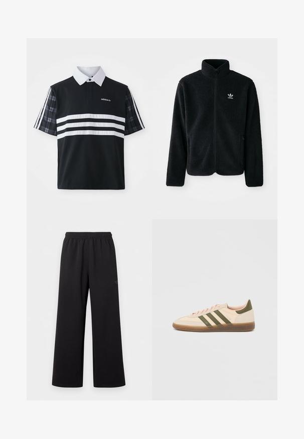 Veste en polaire noire avec col haut, fermeture éclair à l'avant et poches перед тобой. Présente un tissu texturé et un petit logo blanc sur la poitrine gauche.; Polo noir avec des rayures blanches et un logo ; présente des manches courtes à carreaux et un col blanc avec une patte de boutonnage.; Pantalon noir à jambes larges avec taille élastique et petit logo discret sur la cuisse gauche, présenté sur fond blanc uni.; Baskets beige discrètes Adidas Spezial avec des bandes vertes, une semelle en caoutchouc et le logo "SPEZIAL" sur le côté, vues de l'extérieur.