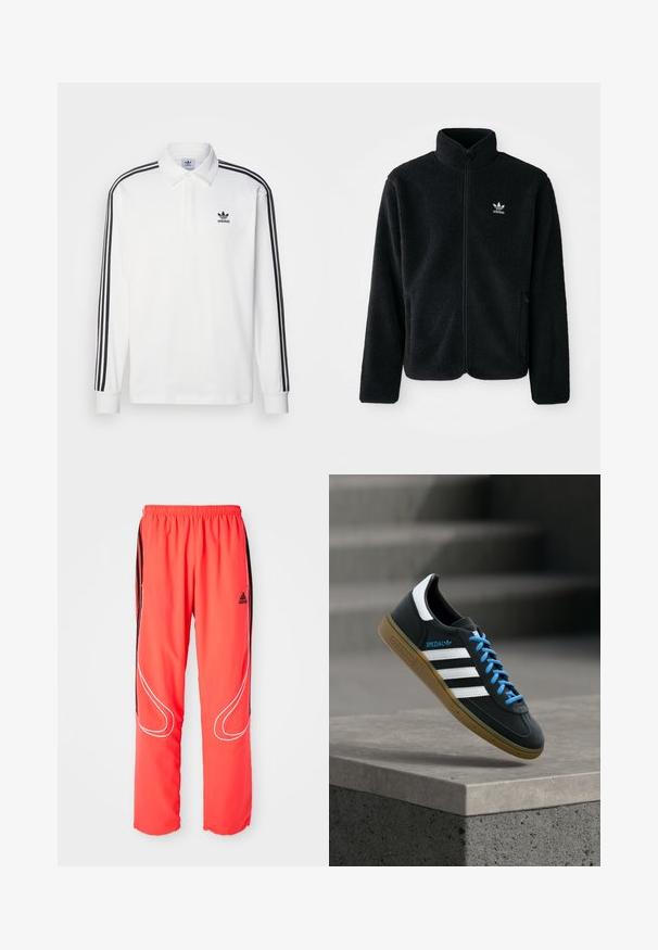 Schwarze Fleecejacke mit hohem Kragen, durchgehendem Reißverschluss und Fronttaschen. Verfügt über strukturiertes Material und ein kleines weißes Logo auf der linken Brust.; Weißes Poloshirt mit langen Ärmeln, klassischem Kragen, schwarzen drei Streifen an den Ärmeln und kleinem schwarzem Logo auf der Brust.; Rote Sporthosen mit lockerer Passform, elastischem Bund, schwarzen seitlichen Streifen und weißen Paspelierungen entlang der Beine. Adidas-Logo auf der Hüfte.; Schwarzer Adidas-Sneaker mit weißen Streifen, blauen Schnürsenkeln und Gummisohle, der über einer grauen Betontreppe im weichen Licht schwebt.
