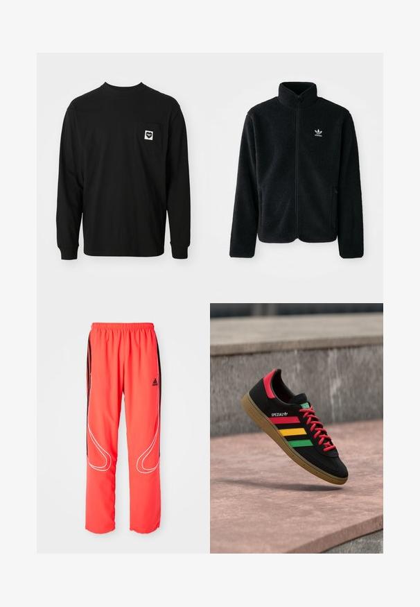 Sort fleecejakke med høj krave, lynlås foran og frontlommer. Har tekstureret stof og lille hvidt logo på venstre bryst.; Sort langærmet t-shirt lavet af bomuld, med en rund halsudskæring og en brystlomme med et hjerte-logo og tekst.; Røde sportbukser med løs pasform, elastisk talje, sorte sidelister og hvide pipinger langs benene. Adidas-logo på hoften.; Sort Adidas Spezial-sneaker med røde, gule og grønne striber, røde snørebånd, gummisål og rødt hældetalje, vist svævende over fortovet.