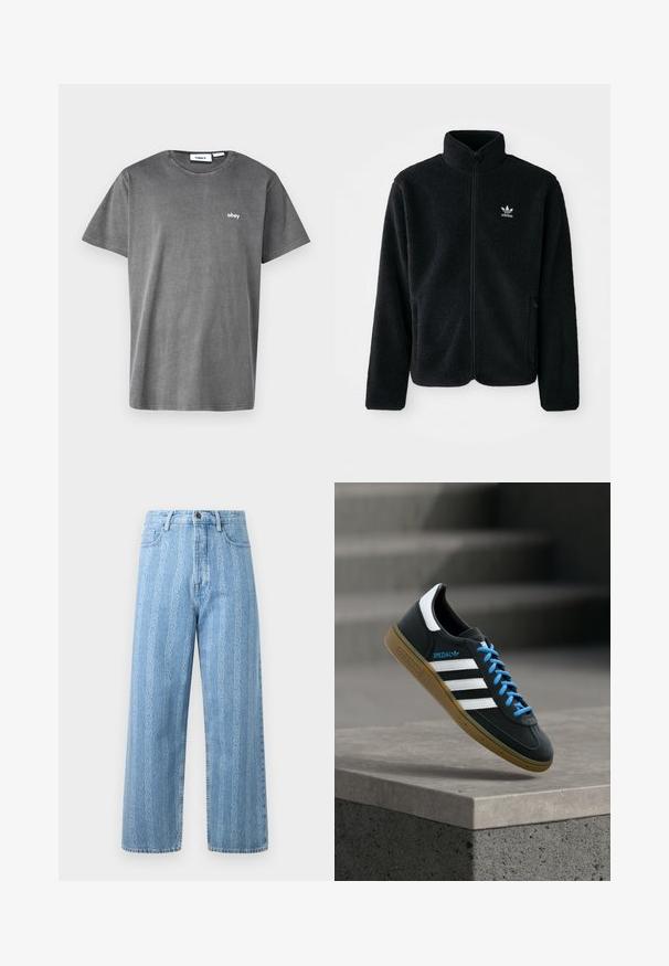 Sort fleecejakke med høj krave, lynlås foran og frontlommer. Har tekstureret stof og lille hvidt logo på venstre bryst.; Grå bomulds T-shirt med korte ærmer, rund halsudskæring og et lille hvidt "obey" logo på brystet. Glat tekstur, afslappet design.; Lyseblå denim jeans med bred benedesign, prydet med et gentaget kædemønster. Klassisk fem-lomme stil og metalknapdetalje.; Sort Adidas sneaker med hvide striber, blå snørebånd og gummisål, der svæver over gråt betontrin i blødt lys.