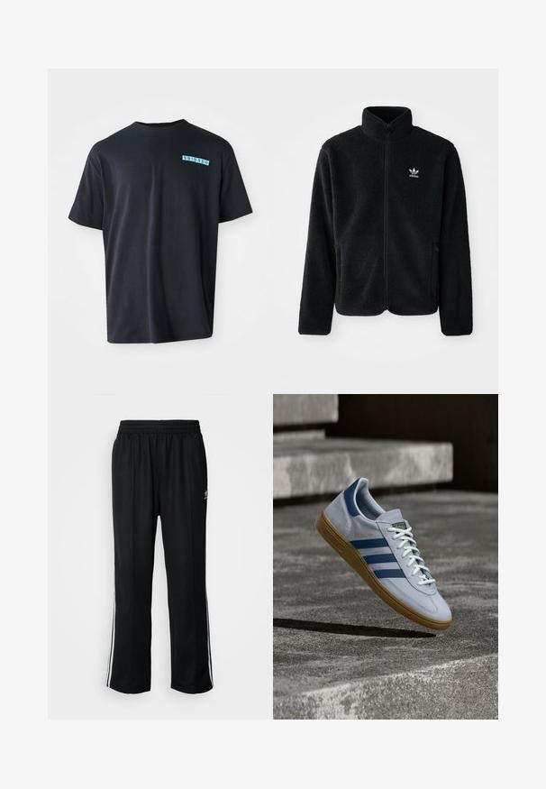 Schwarze Fleecejacke mit hohem Kragen, durchgehendem Reißverschluss und Fronttaschen. Verfügt über strukturiertes Material und ein kleines weißes Logo auf der linken Brust.; Schwarzes Baumwoll-T-Shirt mit kurzen Ärmeln, Rundhalsausschnitt und einem türkisfarbenen grafischen Logo auf der linken Brust. Glatte Textur, lässige Passform.; Schwarze Sporthosen mit elastischem Bund, ausgestattet mit weißen Seitenstreifen und einem kleinen Logo. Das Material wirkt weich und leicht.; Hellblauer Adidas Spezial Sneaker mit dunkelblauen Streifen und Gummisohle, in der Luft über Betontreppen in neutralem Außenbereich gezeigt.