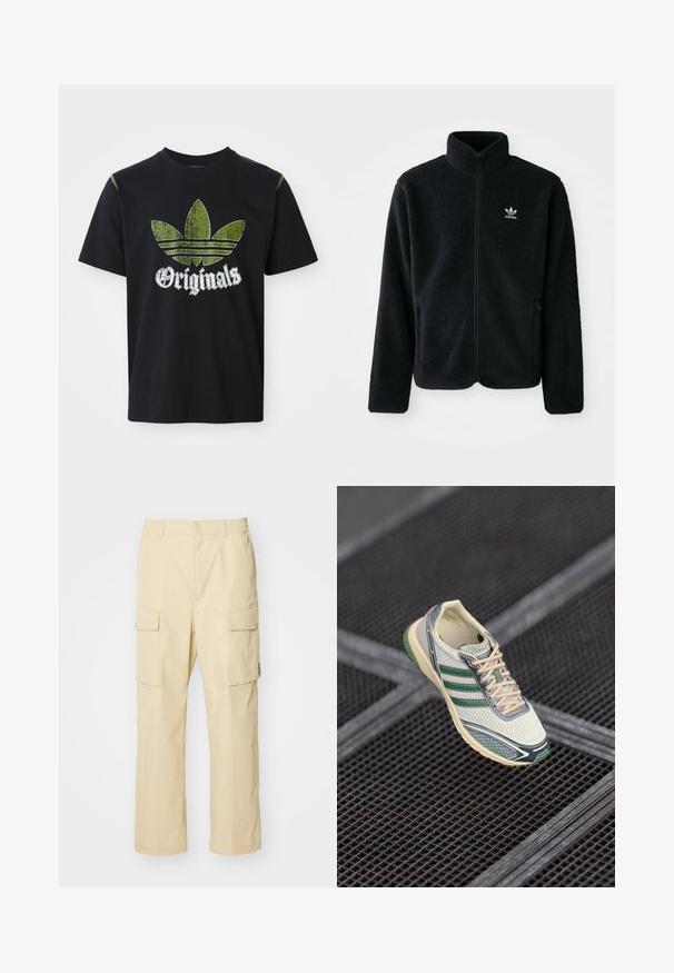 Schwarze Fleecejacke mit hohem Kragen, durchgehendem Reißverschluss und Fronttaschen. Verfügt über strukturiertes Material und ein kleines weißes Logo auf der linken Brust.; Schwarzes Baumwoll-T-Shirt mit einem abgenutzten grünen Grafikdesign, das drei Streifen zeigt, sowie dem Wort "Originals" darunter in Weiß. Rundhalsausschnitt, kurze Ärmel.; Beige Cargo-Hosen aus Stoff mit einem elastischen Bund und Knopfverschluss. Verfügt über zwei seitliche Taschen und ein schlichtes Design.; Weißes und grünes Netzsneaker mit beigen Schnürsenkeln, die über einem dunklen Metallgitterboden schweben.