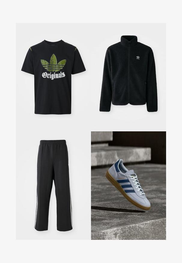 Zwarte fleece jacket met hoge kraag, ritssluiting aan de voorkant en voorzakken. Kenmerkt zich door textuurstof en een klein wit logo op de linkerborst.; Zwarte katoenen t-shirt met een versleten groene grafiek met drie strepen en het woord "Originals" hieronder in het wit, ronde halslijn, korte mouwen.; Zwarte trainingsbroek met een elastische tailleband, voorzien van witte zijstrepen en een relaxte pasvorm. Gemaakt van zachte, rekbare stof.; Lichtblauwe Adidas Spezial sneaker met marineblauwe strepen en rubberen zool, getoond in de lucht boven betonnen trappen in een neutrale buitenomgeving.