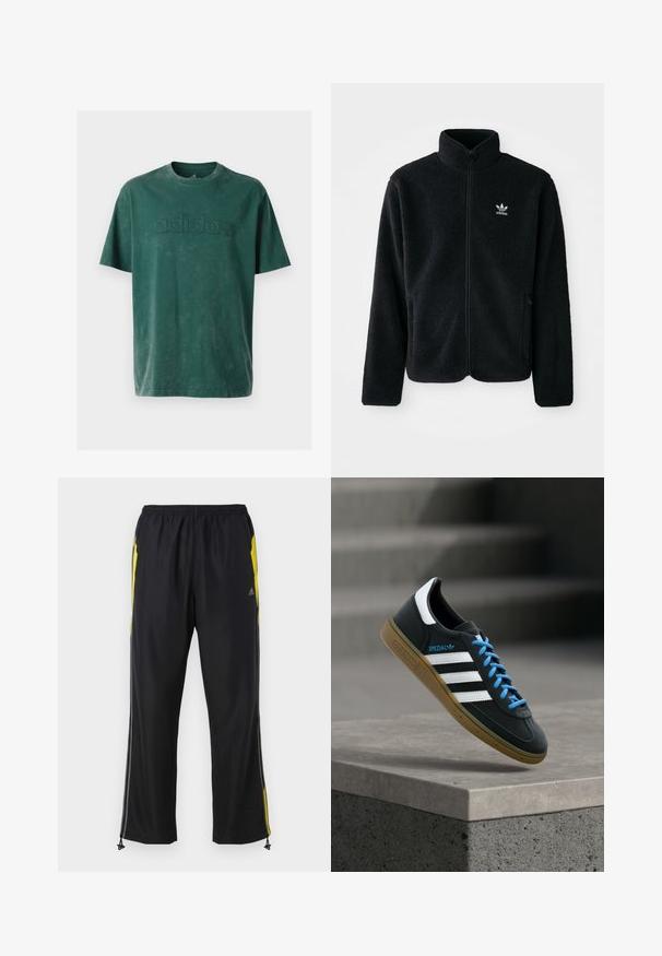 Schwarze Fleecejacke mit hohem Kragen, durchgehendem Reißverschluss und Fronttaschen. Verfügt über strukturiertes Material und ein kleines weißes Logo auf der linken Brust.; Dunkelgrünes Baumwoll-T-Shirt mit Rundhalsausschnitt, kurzen Ärmeln und einem geprägten "adidas"-Logo über der Brust in passendem Material.; Schwarze Sporthosen mit gelben Seitenakzenten, elastischem Bund und mit Reißverschlüssen versehenen Seitentaschen. Hergestellt aus leichtem, glattem Stoff.; Schwarzer Adidas-Sneaker mit weißen Streifen, blauen Schnürsenkeln und Gummisohle, der über einer grauen Betontreppe im weichen Licht schwebt.