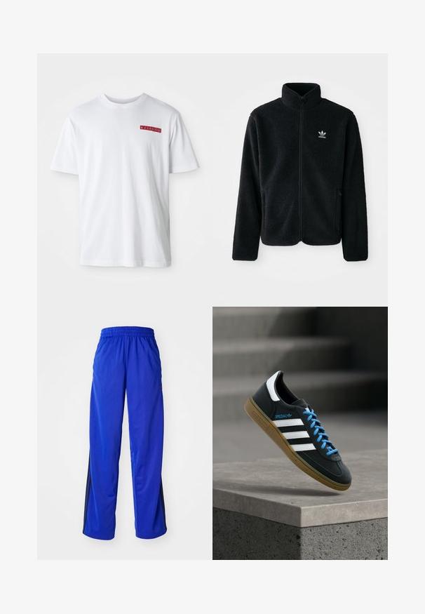Sort fleecejakke med høj krave, lynlås foran og frontlommer. Har tekstureret stof og lille hvidt logo på venstre bryst.; Hvid bomulds t-shirt med rund hals, korte ærmer og en lille rød grafisk detalje på venstre brystområde.; Blå sportsbukser med elastisk talje, med sidelister i sort, løstsiddende pasform og glat tekstur.; Sort Adidas sneaker med hvide striber, blå snørebånd og gummisål, der svæver over gråt betontrin i blødt lys.
