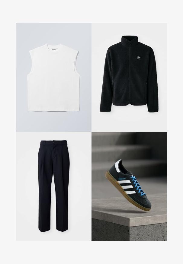 Veste en polaire noire avec col haut, fermeture éclair à l'avant et poches перед тобой. Présente un tissu texturé et un petit logo blanc sur la poitrine gauche.; Haut blanc sans manches en coton à col rond avec épaules structurées, marqué "WEEKDAY" sur l'étiquette du col, présenté sur un fond gris clair.; Pantalons noirs à coupe droite, en tissu lisse. Éléments incluent un bouton à la taille, des passants de ceinture et des plis sur le devant pour plus de structure.; Baskets Adidas noires avec des rayures blanches, des lacets bleus et une semelle en gomme flottant au-dessus d'une marche en béton grise sous une lumière douce.