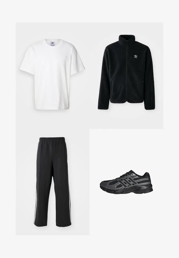 Schwarze Fleecejacke mit hohem Kragen, durchgehendem Reißverschluss und Fronttaschen. Verfügt über strukturiertes Material und ein kleines weißes Logo auf der linken Brust.; Weißes Baumwoll-T-Shirt mit Rundhalsausschnitt und kurzen Ärmeln. Verfügt über ein kleines, gesticktes Logo auf der Brust. Einfaches und klassisches Design.; Schwarze Jogginghose mit elastischem Bund, ausgestattet mit weißen seitlichen Streifen und einem lässigen Schnitt. Hergestellt aus weichem, dehnbarem Stoff.; Schwarze Sportschuhe aus Netz- und synthetischem Material, mit einer strukturierten Oberfläche, mehreren grauen Streifen und einem gepolsterten Schaft.