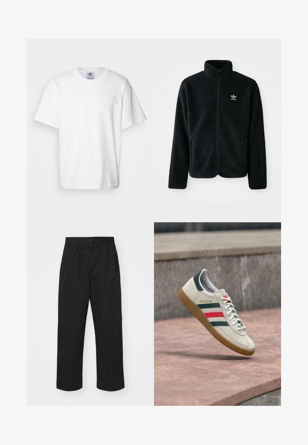 Chupa de forro polar negro con cuello alto, cierre frontal y bolsillos delanteros. Presenta tela texturizada y un pequeño logo blanco en el lado izquierdo del pecho.; Camiseta de algodón blanca con cuello redondo y mangas cortas. Presenta un pequeño logotipo bordado en el pecho. Diseño simple y clásico.; Pantalones de algodón negros con corte recto, con cierre de botón, dos bolsillos delanteros y una textura suave.; Zapatilla blanca Adidas con franjas verdes y rojas, suela de goma y marca "SPEZIAL" flotando sobre pavimento de piedra.
