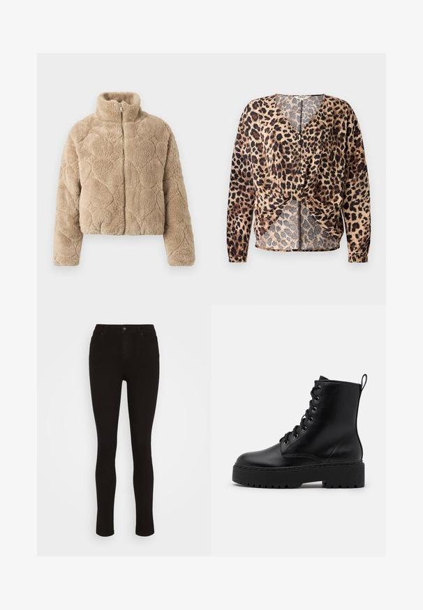Beige zip-up fleecejakke med høj krave og strukturerede hjerteformede quiltede mønstre på ærmerne og kroppen.; Bluse med leopardprint, V-hals, lange ærmer, knyttet foran og knapdetaljer. Fremstillet af letvægts, tekstureret stof.; Pieces PCNUNNA - Jeans Slim Fit - black denim; Sort læder ankelstøvle med en tykk, tekstureret sål, rund tå og metaløjer til snørebånd. Har en løkke bagpå.