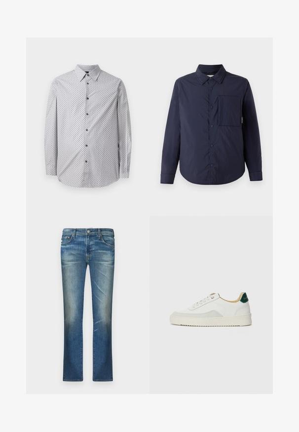 CLOSED QUILTED OVERSHIRT - Veste mi-saison - dark night; Chemise à manches longues avec boutons, de couleur gris clair avec un petit motif géométrique noir, col standard, et boutons noirs sur le devant.; Jeans en denim bleu clair avec une coupe slim, devant délavé, jambes droites, design traditionnel à cinq poches, et fermeture à bouton en métal à la taille.; Baskets blanches avec des accents en daim, bout arrondi, lacets plats et semelle en caoutchouc crème. Présente une marque verte sur le talon.