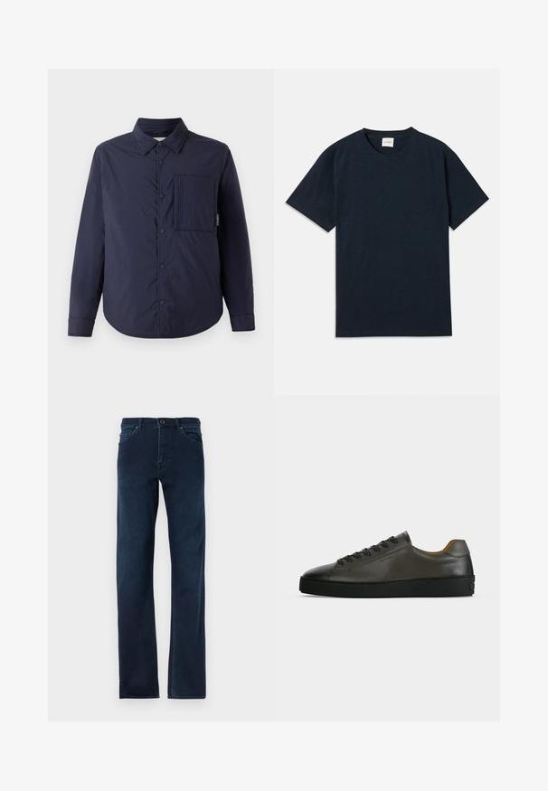 CLOSED QUILTED OVERSHIRT - Overgangsjakke - dark night; Ensfarvet mørkeblå kortærmet t-shirt med rund hals og lille præget logo nær den nederste kant.; Mørkeblå denim jeans med lige ben, fem lommer, knapåbning og kontrasterende syninger langs sømmene.; Lavtskåret mørkegrå læder sneaker med sorte snørebånd og sål, minimalistisk design, sideprofil på en ensfarvet lys baggrund.