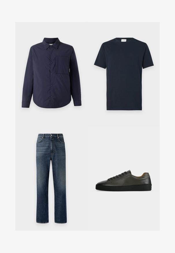 CLOSED QUILTED OVERSHIRT - Ελαφρύ μπουφάν - dark night; Μπλε ναυτικό κοντομάνικο T-shirt φτιαγμένο από μαλακό βαμβάκι. Διαθέτει στρογγυλή λαιμόκοψη και απλό, καθαρό σχεδιασμό χωρίς μοτίβα ή αξεσουάρ.; Σκούρες μπλε τζιν παντελόνες με ίσια γραμμή, ορατά ράμματα, σχέδιο πέντε τσεπών και ασημένιο κουμπί κλεισίματος στη μέση.; Χαμηλό σκούρο γκρι δερμάτινο αθλητικό παπούτσι με μαύρα κορδόνια και σόλα, μινιμαλιστικός σχεδιασμός, προφίλ από τη πλευρά σε απλό ανοιχτό φόντο.