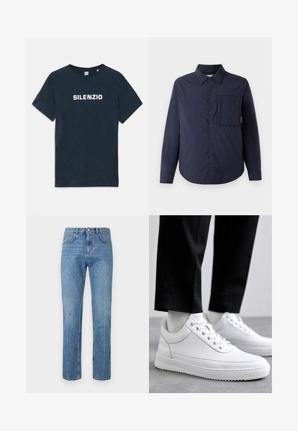 CLOSED QUILTED OVERSHIRT - Jas - dark night; Navyblauwe katoenen T-shirt met korte mouwen en een ronde hals. Voorzien van "SILENZIO" in vetgedrukte witte tekst over de borst.; Blauwe rechte high-waist jeans met een knop aan de voorkant, rits, riemlussen en vijf-pocket ontwerp tegen een witte achtergrond.; Witte leren sneakers met een platte rubberen zool, met een soepele afwerking, ronde neus en metalen oogjes voor de veters. Draag ze met een zwarte broek.