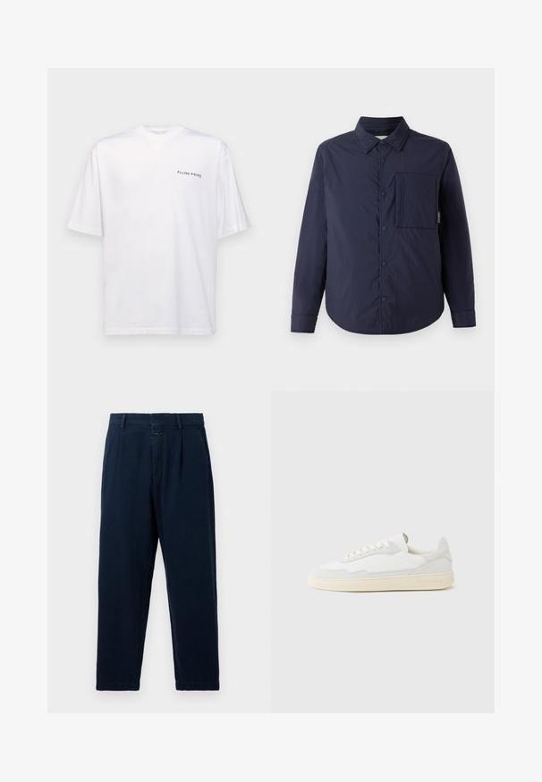 CLOSED QUILTED OVERSHIRT - Kerge jope - dark night; Valge lühikeste varrukatega T-särk puuvillast, V-kaelusega, millel on must "FILLING PIECES" logo trükitud vasakule poole.; CLOSED BLOMBERG - Baggy fit teksad - dark blue; Valge tennisejalanõu, mille ülemine osa on valmistatud tekstuurse seemisnahast ja nahast. Omab ümarat ninaosa, paeltega sulgurit ja kontrastset beeži kummist tallaga.