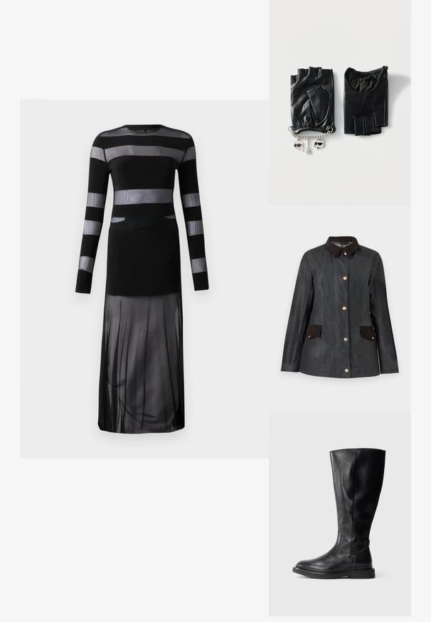 Chaqueta negra de manga larga con cuello oscuro y solapas en los bolsillos, con cinco botones dorados en la parte delantera.; Vestido negro de manga larga con rayas horizontales transparentes, un corsé ajustado y una falda fluida y transparente con un diseño de abertura. Tejido ligero.; Bota de cuero negro hasta la rodilla con punta redondeada, parte superior ligeramente texturizada y suela de goma. Presenta un panel lateral para facilitar el calzado.; Guantes de cuero negros sin dedos, uno con pulsera de plata con colgantes de cara, guitarra y gato, sobre fondo blanco.