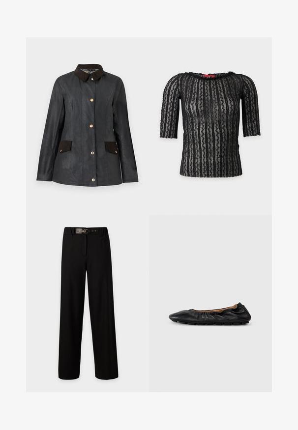 Chaqueta negra de manga larga con cuello oscuro y solapas en los bolsillos, con cinco botones dorados en la parte delantera.; Top corto negro de encaje con manga corta, patrón de rayas onduladas verticales y escote redondo, tejido semitransparente sobre fondo liso claro.; Pantalones negros de tiro alto y pernera ancha con cintura elástica y un cinturón negro fino con hebilla dorada.; Bailarina de cuero negro con detalles fruncidos en el cuello, punta redondeada y suela de goma flexible. Textura suave en toda su superficie.