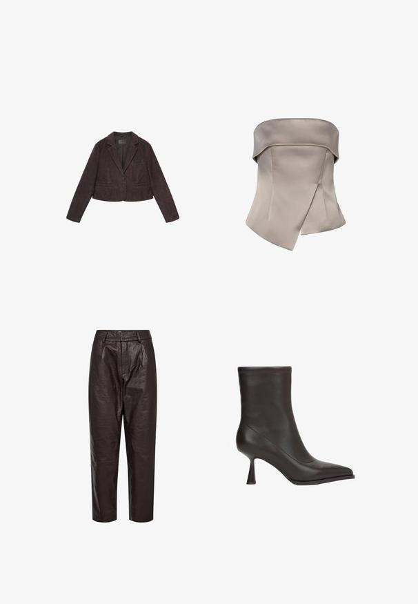 Blazer court en daim marron foncé avec deux boutons sur le devant, col à revers cranté et trois poches avant, présenté sur fond blanc.; Haut bustier en satin taupe avec encolure plissée et panneau superposé asymétrique s'étendant sous la taille.; Pantalons en cuir marron avec une coupe droite, un devant plissé et une texture subtile. Comprend des passants de ceinture et une braguette zippée.; Bottine noire en cuir avec bout pointu et talon mi-hauteur effilé, finition lisse et couture discrète autour du bord supérieur.