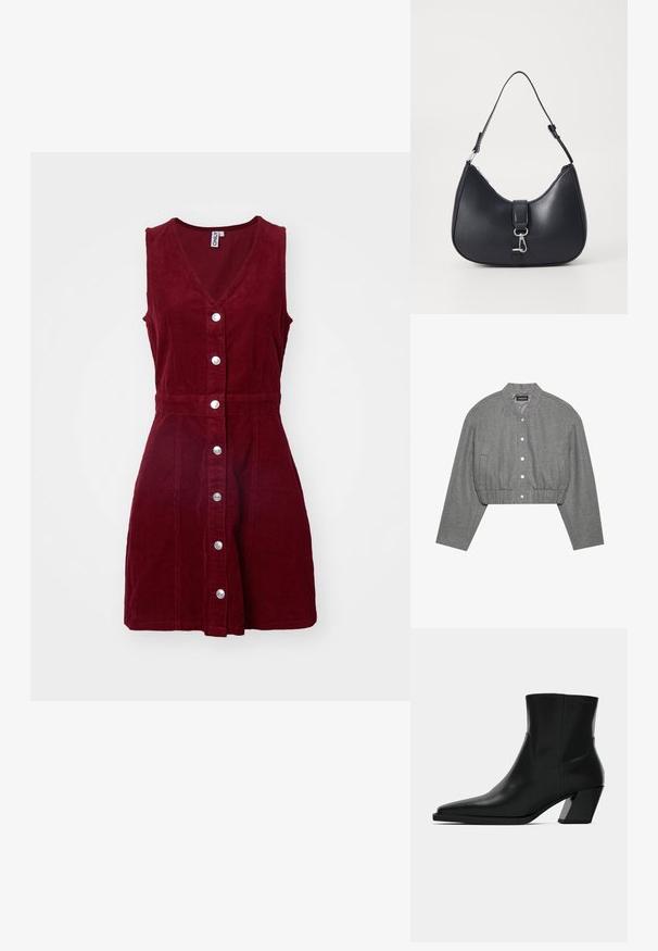 Veste grise courte avec un col rond, un devant à boutons-pression et une taille élastiquée. Elle présente deux poches latérales et un tissu texturé.; ONLY ONLMOXIE DRESS - Robe de jour - cabernet; Bottine en cuir noir avec un bout pointu, une silhouette élégante et un talon carré massif. Texture lisse avec des détails de couture minimalistes.; Pieces PCLIKA SHOULDER BAG - Sac à main - black