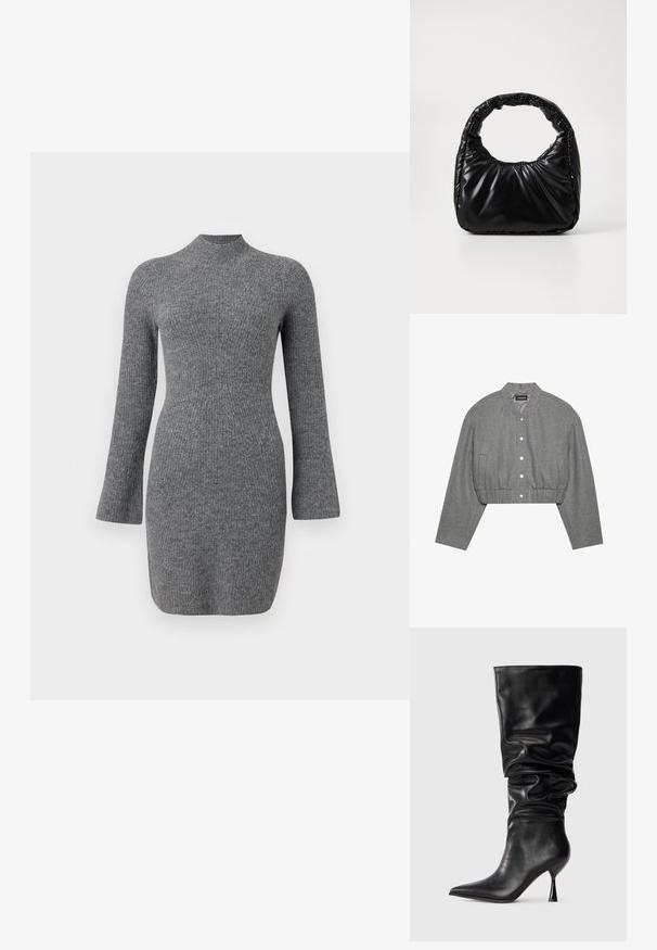 Veste grise courte avec un col rond, un devant à boutons-pression et une taille élastiquée. Elle présente deux poches latérales et un tissu texturé.; Robe grise tricotée avec un col haut, des manches longues et une silhouette ajustée. Présente une texture en côtes verticales. Ourlet court.; Botte noire en cuir, hauteur genou, avec un design ample, bout pointu et talon aiguille fin, présentant une texture lisse et des accents minimaux.; Sac à main noir rembourré avec une poignée arrondie, présentant une surface lisse et brillante ainsi qu'une texture douce et matelassée. Pas de quincaillerie ou d'accents visibles.