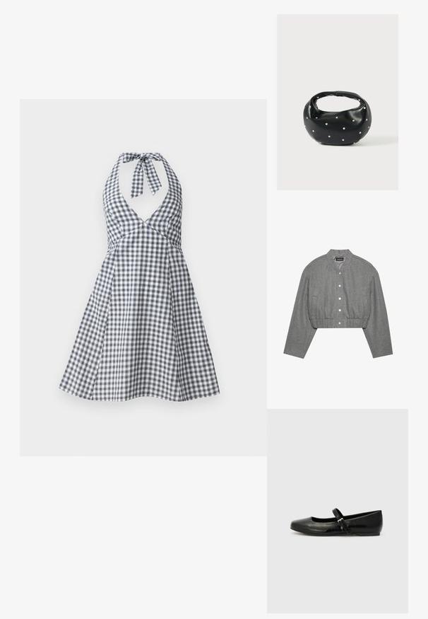 Chaqueta gris recortada con cuello redondo, cierre de botones a presión en el frente y cintura elástica. Cuenta con dos bolsillos laterales y una tela texturizada.; Vestido halter de cuadros en navy y blanco con escote en V profundo y lazo en la espalda. Diseño de falda acampanada con un corsé ajustado y detalles de pinzas.; Bailarinas de cuero negro con punta redondeada, suela plana y una delgada correa ajustable en el empeine que cuenta con una hebilla de metal.; Bolso de mano de cuero negro con forma redondeada, decorado con detalles de tachuelas plateadas y un asa corta. Textura lisa y cierre con cremallera.