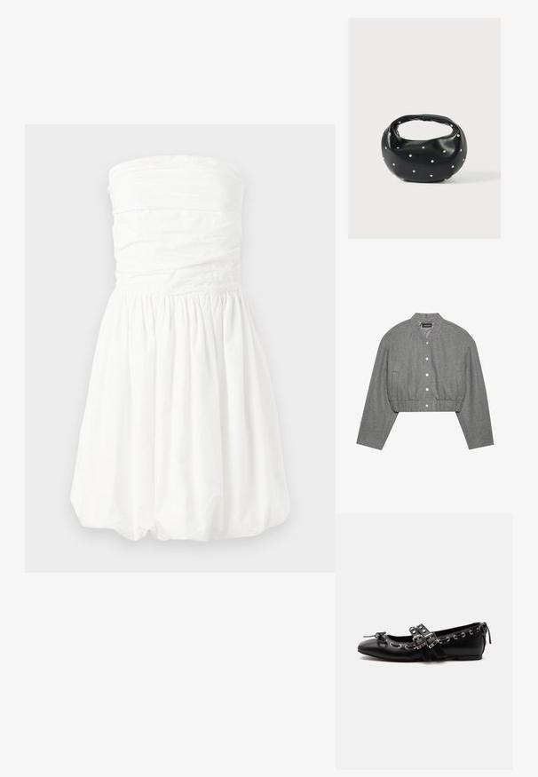 Veste grise courte avec un col rond, un devant à boutons-pression et une taille élastiquée. Elle présente deux poches latérales et un tissu texturé.; Robe blanche sans bretelles avec un buste froncé et une jupe plissée, présentant une texture lisse et un ourlet bouffant court.; Chaussure de ballet plate noire avec doubles brides à boucle, œillets argentés et petit nœud près de l’orteil arrondi sur fond blanc.; Sac à main en cuir noir de forme arrondie, décoré de clous argentés et équipé d'une poignée courte. Texture lisse et fermeture éclair.