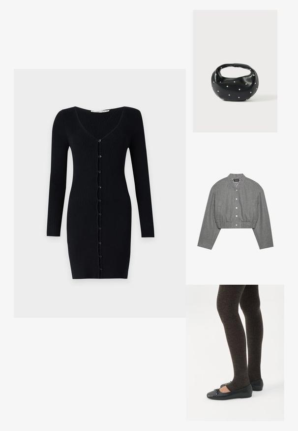 Veste grise courte avec un col rond, un devant à boutons-pression et une taille élastiquée. Elle présente deux poches latérales et un tissu texturé.; Robe cardigan noir côtelée avec des manches longues, décolleté en V et des boutons sur l'avant. Présente une silhouette mince et ajustée.; Jambes portant des leggings côtelés foncés associés à des ballerines noires avec de petits détails en nœud sur fond blanc.; Sac à main en cuir noir de forme arrondie, décoré de clous argentés et équipé d'une poignée courte. Texture lisse et fermeture éclair.
