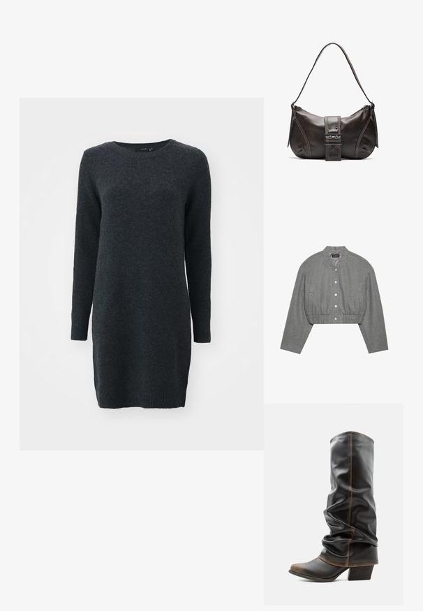 Gekürzte graue Jacke mit rundem Kragen, Druckknopfverschluss und elastischem Bund. Verfügt über zwei Seitentaschen und einen strukturierten Stoff.; Dunkelgraues langärmeliges Pulloverkleid mit rundem Ausschnitt. Weicher Stoff, gerippte Bündchen und seitliche Schlitze für mehr Bewegungsfreiheit.; Hoher schwarzer Lederstiefel mit braunen Akzenten, spitzer Zehenform und gestapeltem Absatz vor schlichtem weißem Hintergrund.; Braune Lederumhängetasche mit gebogener Form, die mit einem auffälligen Schnallendetail, kontrastierenden Nähten und einem einzigen Schulterriemen ausgestattet ist.