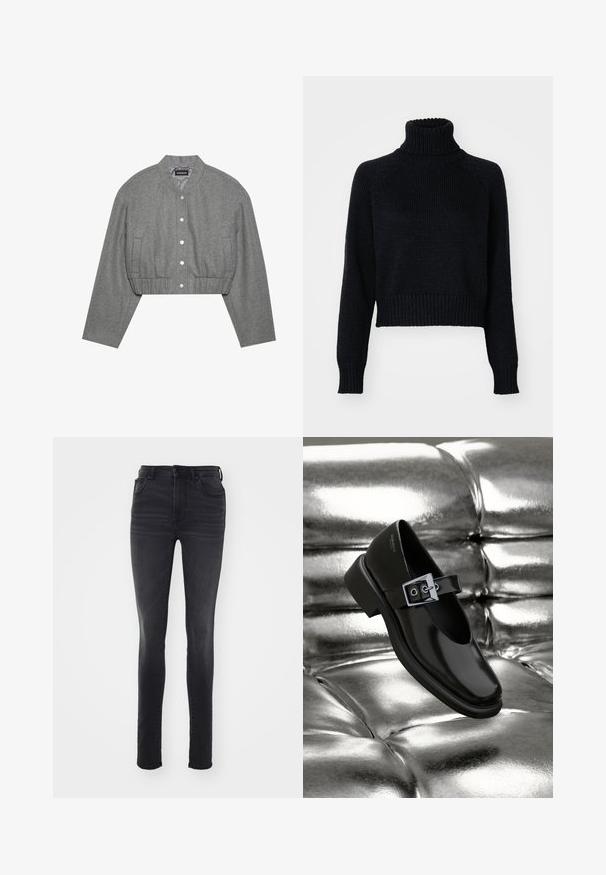 Beskaaret grå jakke med rund krave, trykknaplukning foran og elastisk talje. Har to sidelommer og et tekstureret stof.; Mørk strikket turtleneck sweater med et cropped design, der har ribbede manchetter og kant, samt en tekstureret vævning gennem hele. ; Slankt fit sorte jeans lavet af denim, med høj talje, fem-lomme design, subtil falmning og lige silhuet.; Sorte læder Mary Jane sko med firkantet tå, en sølv spænde accent og en chunky lav hæl, sat mod en glansfuld sølv baggrund.