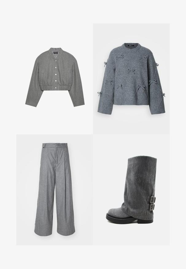 Chaqueta gris recortada con cuello redondo, cierre de botones a presión en el frente y cintura elástica. Cuenta con dos bolsillos laterales y una tela texturizada.; Suéter gris de punto con un corte holgado, escote redondo y lazos decorativos cosidos en la parte delantera y en las mangas. Tejido suave y texturizado.; Pantalones de pierna ancha grises, confeccionados en una tela suave, con una cintura alta, pliegues frontales y una etiqueta de logo sutil en la cinturilla.; Bota holgada gris hasta media pantorrilla con suela negra y dos hebillas ajustables en el lateral, vista de perfil sobre fondo blanco.