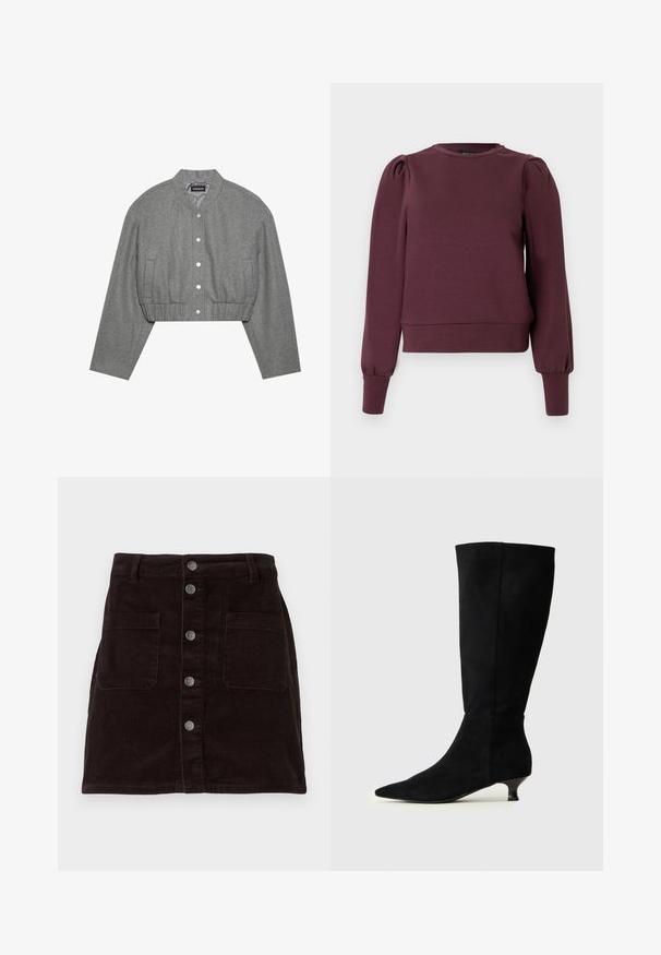 Beskaaret grå jakke med rund krave, trykknaplukning foran og elastisk talje. Har to sidelommer og et tekstureret stof.; Vinrød sweatshirt med lange, puffede ærmer og ribbede manchetter. Blødt materiale, rund halsudskæring og en tætsiddende kant. Glat tekstur.; Brun corduroy nederdel med et tætsiddende design, frontlukning med knapper, to sidelommer og lodret ribbet tekstur hele vejen igennem.; Sorte knæhøje støvler lavet af ruskind, spids snude, lille lav hæl, glat tekstur og sømløst design med en tætsiddende skaft.
