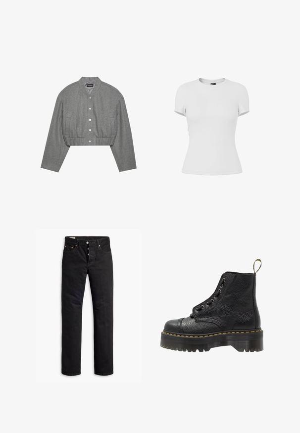 Gekürzte graue Jacke mit rundem Kragen, Druckknopfverschluss und elastischem Bund. Verfügt über zwei Seitentaschen und einen strukturierten Stoff.; Schlichtes weißes, eng anliegendes T-Shirt mit kurzen Ärmeln und Rundhalsausschnitt, auf weißem Hintergrund dargestellt.; Schwarze Denim-Jeans mit geradem Schnitt, Fünf-Taschen-Design und Knopfverschluss. Mit Kupfennieten und Nähtelementen.; Schwarze Leder-Ankle-Boots mit strukturierten Oberflächen, runder Zehenpartie, Schnürdesign, gelben Nähten und einer dicken, gerippten schwarzen Plateausohle.