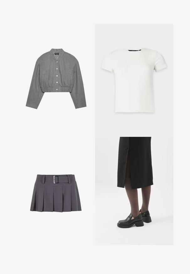 Veste grise courte avec un col rond, un devant à boutons-pression et une taille élastiquée. Elle présente deux poches latérales et un tissu texturé.; T-shirt blanc à manches courtes en maille côtelée avec col rond, présenté sur un fond uni gris clair.; Jupe mini plissée grise avec une texture lisse, dotée d'une large ceinture, de passants de ceinture et d'un détail de boucle rectangulaire en argent.; Femme portant des mocassins noirs à talons épais, des collants noirs transparents et une jupe noire fendue à l'arrière sur fond blanc.