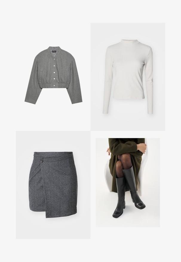 Gekürzte graue Jacke mit rundem Kragen, Druckknopfverschluss und elastischem Bund. Verfügt über zwei Seitentaschen und einen strukturierten Stoff.; Langärmliges, hellbeiges, geripptes Oberteil mit Stehkragen und glatter Textur, das eine figurbetonte Form und minimale Designakzente aufweist.; Grau gemusterter Wickelrock aus strukturiertem Wollstoff, mit einem einzelnen Knopfverschluss an der Taille und einem asymmetrischen Saum.; Knöchelhöhe schwarze Lederstiefel mit quadrater Spitze und Blockabsatz, gezeigt mit einem Modell, das einen olivgrünen Mantel trägt. Glatte Textur, minimale Details.