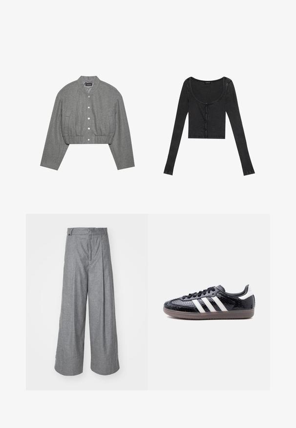Gekürzte graue Jacke mit rundem Kragen, Druckknopfverschluss und elastischem Bund. Verfügt über zwei Seitentaschen und einen strukturierten Stoff.; Schwarzes, geripptes, langärmliges Crop-Top mit einem runden Ausschnitt, vorderer Knopfverschluss und strukturiertem Stoff. Mit dezenten, vertikalen Streifen.; Graue weit geschnittene Hose aus weichem Stoff, mit hoher Taille, vorderen Falten und einem dezenten Logo-Tag am Bund.; Schwarzer Sneaker mit flachem Profil und texturiertem Schlangenledermuster, weißen Streifen an der Seite, schwarzen Schnürsenkeln und einer durchscheinend braunen Sohle.