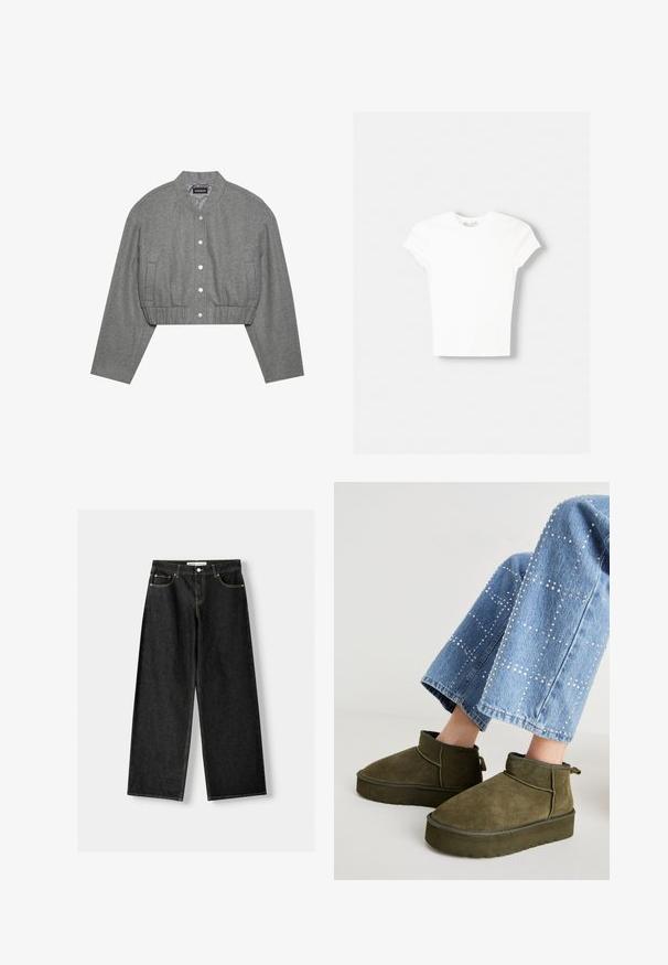 Beskaaret grå jakke med rund krave, trykknaplukning foran og elastisk talje. Har to sidelommer og et tekstureret stof.; Hvid kortærmet t-shirt lavet af blød bomuld, med rund halsudskæring og en tætsiddende form. Ingen synlige mønstre eller udsmykninger.; Sorte denim bukser med bred ben, der har fem lommer, metalknap og lynlås lukning samt kontrasterende gul syning langs sømmene.; Oliven grøn ruskinds ankelstøvler med en tyk, struktureret sål og en pull tab. Kombineret med lyseblå, udsmykkede denim jeans.