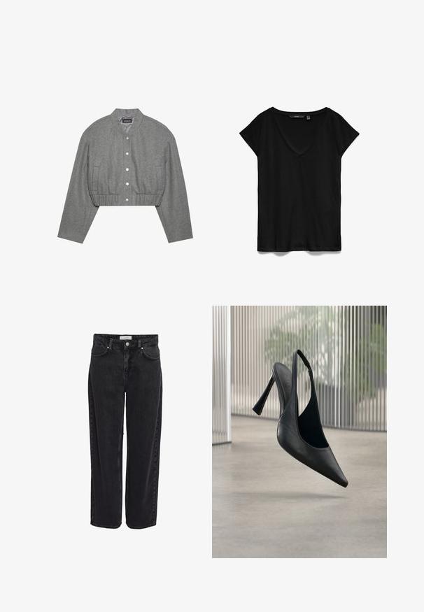 Gekürzte graue Jacke mit rundem Kragen, Druckknopfverschluss und elastischem Bund. Verfügt über zwei Seitentaschen und einen strukturierten Stoff.; Schwarzes kurzärmliges T-Shirt mit V-Ausschnitt-Design, aus weichem Stoff gefertigt, mit lässiger Passform und glatter, leicht matter Textur.; Schwarze Denim-Jeans mit weitem Bein und hoher Taille, fünf Taschen und Reißverschluss. Glatte Textur mit minimal sichtbaren Nähdetails.; Schwarzer Leder Slingback-Stiletto mit spitzer Schuhspitze, schwebt über einem glatten Betonboden und einem vertikalen Metallpaneel im Hintergrund.
