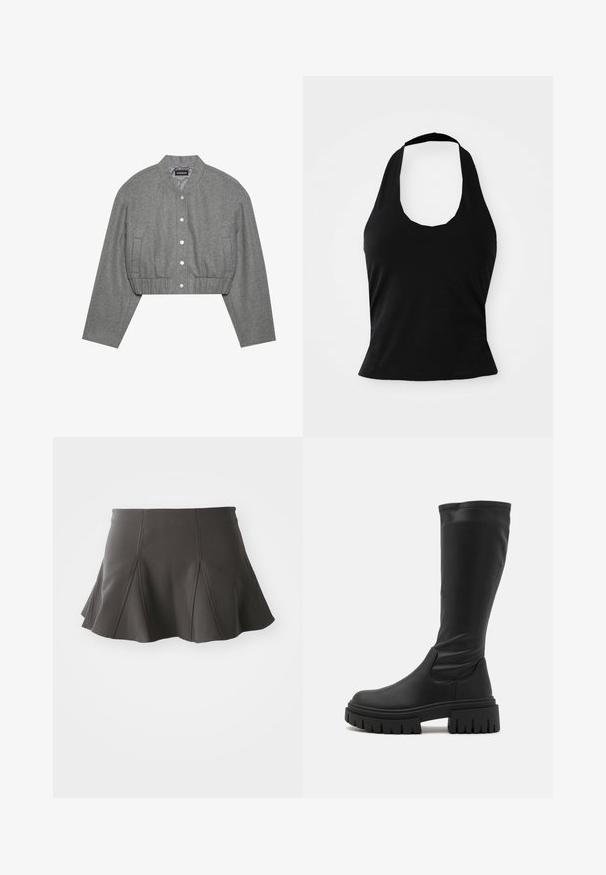 Veste grise courte avec un col rond, un devant à boutons-pression et une taille élastiquée. Elle présente deux poches latérales et un tissu texturé.; Haut halter noir en tissu doux, avec un col rond et une silhouette ajustée, à la texture lisse et sans motifs visibles.; Jupe noire évasée avec une taille ajustée, présentant des coutures verticales et une texture lisse. L'ourlet est légèrement incurvé et se situe au-dessus de mi-cuisse.; Even&Odd Bottes à plateau - black