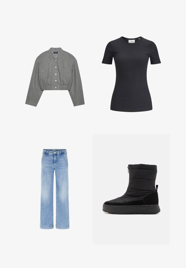 Beskaaret grå jakke med rund krave, trykknaplukning foran og elastisk talje. Har to sidelommer og et tekstureret stof.; Sort ribbet kortærmet t-shirt med rund halsudskæring. Lavet af et blødt, strækbart stof med en subtil tekstur og en tætsiddende silhuet.; Lyseblå vidde jeans med høj talje, lavet af denim. Har bæltestropper, forlommer og en knaplukning med lynlås.; Sort vandtæt støvle med polstret overdel, suede detaljer, struktureret gummisål og lynlås i siden. Blød foring synlig øverst.