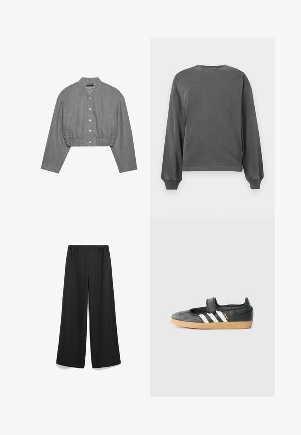 Veste grise courte avec un col rond, un devant à boutons-pression et une taille élastiquée. Elle présente deux poches latérales et un tissu texturé.; Sweatshirt gris à manches longues avec col rond, fabriqué en tissu doux. Présente des poignets côtelés et une coupe décontractée. Design minimaliste, sans motifs.; Pantalon noir à jambes larges avec une taille élastique. Fabriqué en tissu léger, présentant une texture lisse sans motifs ni accents visibles.; Sneaker en cuir noir et suède avec une sangle Velcro, arborant trois bandes blanches et une semelle en caoutchouc, étiqueté "SAMBA" sur le côté.