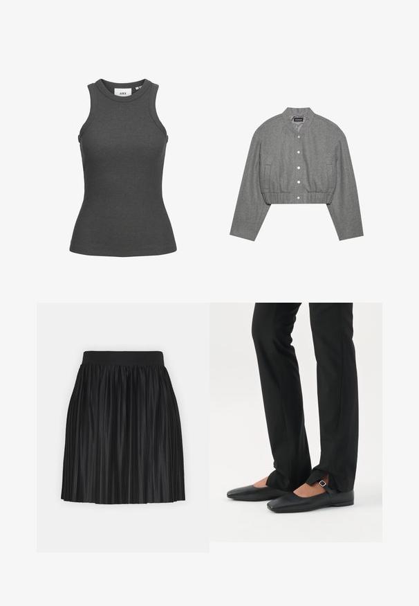 Chaqueta gris recortada con cuello redondo, cierre de botones a presión en el frente y cintura elástica. Cuenta con dos bolsillos laterales y una tela texturizada.; Camiseta sin mangas gris oscuro de punto acanalado con cuello redondo y silueta ajustada, talla pequeña.; Falda negra con pliegues y una amplia cinturilla elástica. Confeccionada en un material ligero y brillante que presenta pliegues verticales para aportar textura y movimiento.; Piernas con pantalones ajustados negros con aberturas frontales en el dobladillo, combinados con zapatos planos Mary Jane negros con una pequeña correa con hebilla.