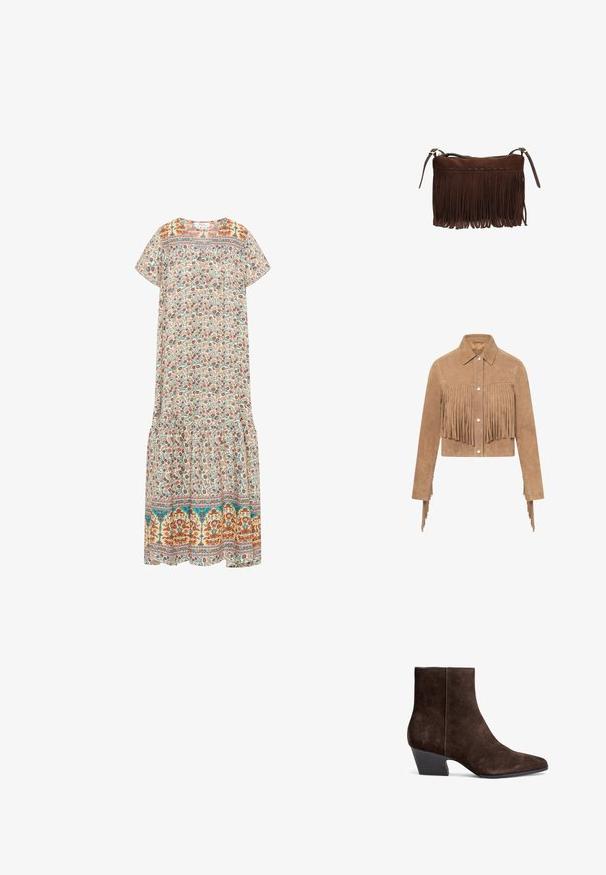 Veste courte en daim beige avec boutons-pression argentés et longs détails à franges sur la poitrine et les manches.; Robe maxi florale avec un fond crème, des motifs floraux colorés, des manches courtes, un col rond et une bordure à volants.; Bottines en suede marron avec un bout pointu, un talon bloc moyen et un minimum de couture pour une apparence épurée.; Sac à épaule en daim marron avec longues franges et bretelles réglables, fermeture à glissière sur le bord supérieur.