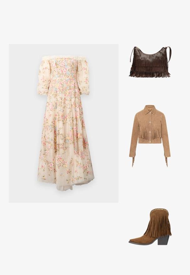 Tan ruskind cropped jakke med sølvfarvede trykknapper og lange frynse detaljer på bryst og ærmer.; Off-the-shoulder, cremet farvet kjole med blomsterbroderi, gennemsigtige puffærmer og en lagdelt, svævende nederdel med en prikket tekstur.; Brun ruskindsankelstøvle med frynser, gyldne nitter langs den øverste kant, spids tå og stablet blokhælk.; Brun skuldertaske i læder med lagdelt frynser og justerbar rem, med en guldfarvet lynlås på toppen.