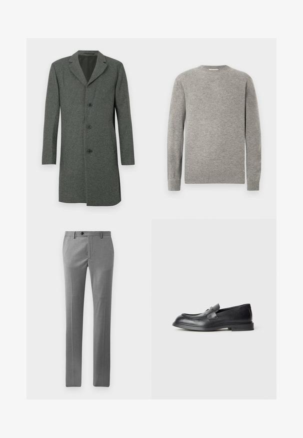 Grå uldblandingsfrakke med notch-krave, fem-knaps lukning og sidelommer. Dens skræddersyede silhuet giver et struktureret udseende.; Grå strikket sweater med rund hals, lange ærmer, ribbede manchetter og kant. Glat tekstur, minimalistisk design, ingen synlige mønstre.; Lys grå skræddersyede bukser lavet af glat stof, med lige snit, forcran samt en enkelt knaplukning i taljen.; Sorte læder loafers med en struktureret finish, der har en dekorativ frontrem og en rundet tå. Gummisål for holdbarhed.